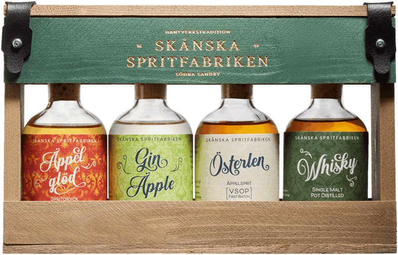 Gin Äpple, Österlen äppelsprit (VSOP), Single malt whisky med äppelfinish och Äppelglöd, destillat Sverige